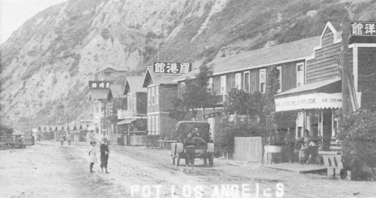 Port Los Angeles fishing village at the base of the Santa Monica Canyon bluffs, circa 1900s