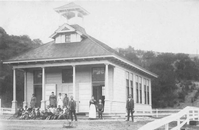 Canyon Schoolhouse, 1894 — students and teachers gathered on the front steps in Santa Monica Canyon